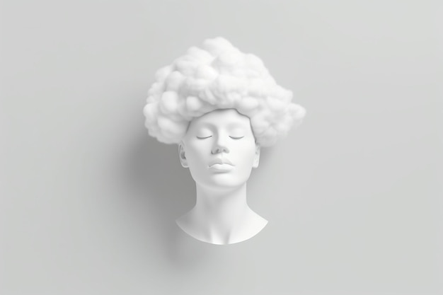 A white bust of a woman with a cloud on her head.