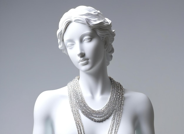 White bust of a woman with pearl necklace on a gray background