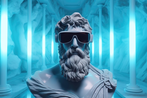 Белый бюст Зевса в модных очках на фоне неоновой колоннады.