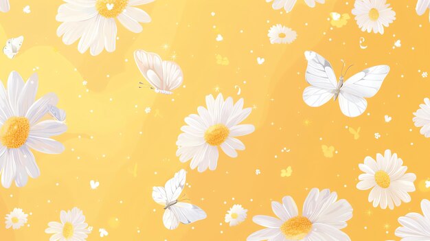 Photo white butterflies and daisies on a yellow background the image is bright and cheerful and would be perfect for a spring or summer themed project