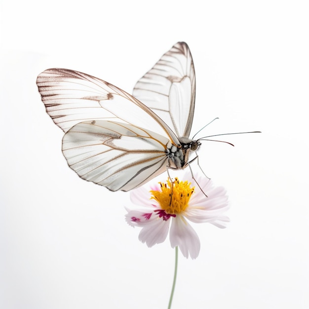 A white butterfly is on a flower and the butterfly is on the flower.
