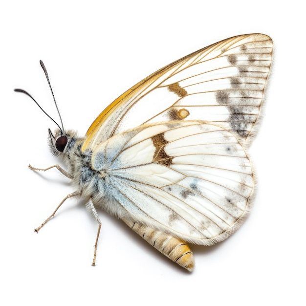 A white butterfly with blue and brown spots is laying on a white surface.