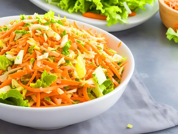 White cabbage salad coleslaw with carrot on white kitchen table background top view