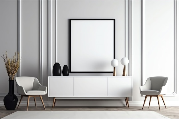 A white cabinet with a black frame and two white chairs in a room with a white wall.