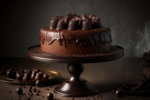 On a white cake stand a chocolate cake with chocolate balls on top