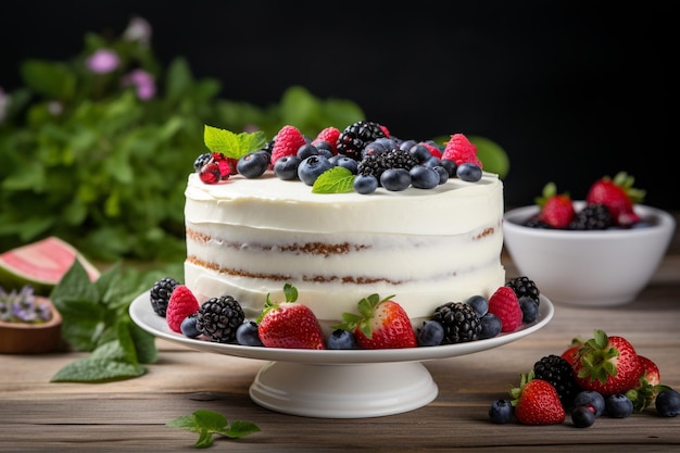 White cake with berries and passion fruits with plants behind