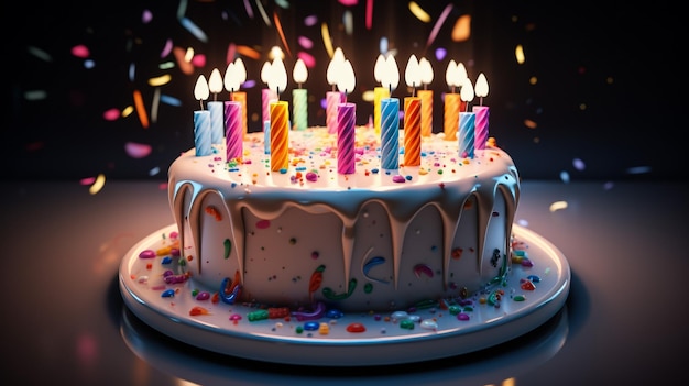 생일에 다른 색의 불을 가진  케이크 생일 축제의 개념