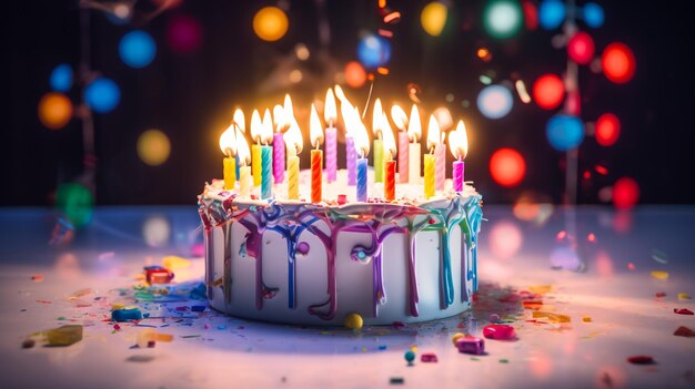 white cake with different colour candles on birthday concept of birthday celebration