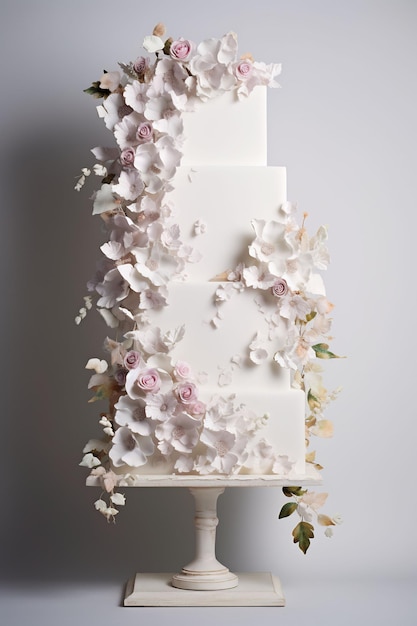 a white cake with flowers and flowers on it