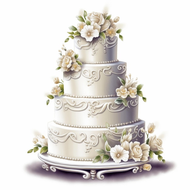 A white cake with flowers on it is on a white table.