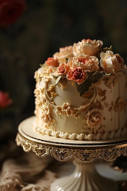 a white cake with flowers on top of it