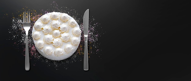 Photo white cake with fork and knife on dark moody black background with copy space. overhead view