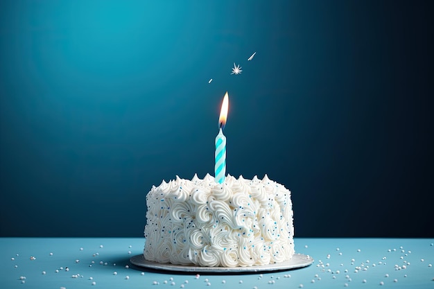 White cake with lit candle on blue background