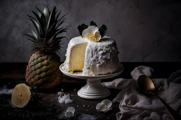 A white cake with a pineapple on top