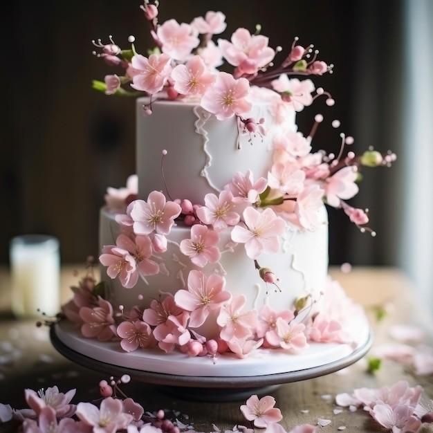 Photo a white cake with pink flowers on a table