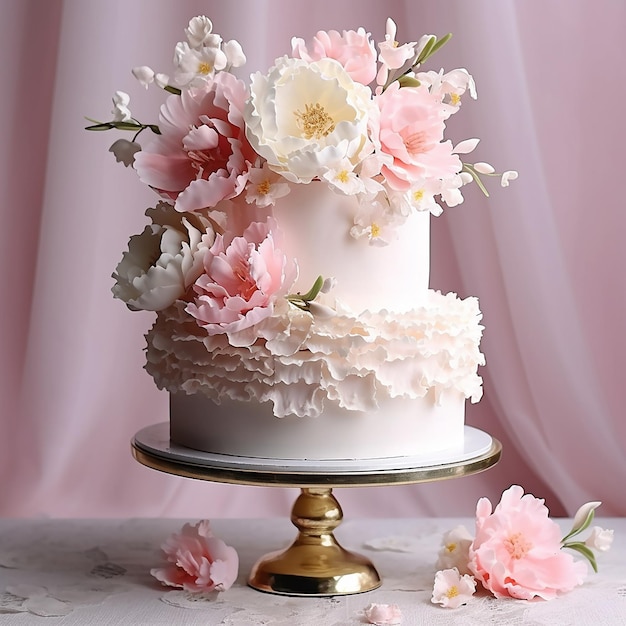 A white cake with pink flowers on top of it