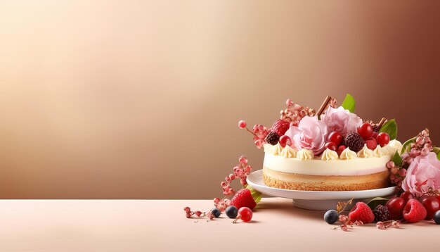 A white cake with red berries and flowers on top of a white plate