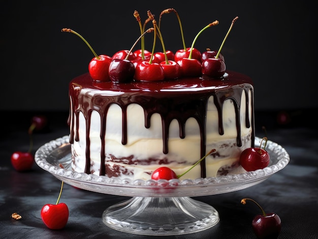 White cake with vanilla decorated with fresh cherries