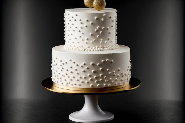 Белый двухъярусный свадебный торт с белой кремовой глазурью и украшением, усыпанным золотыми конфетами.