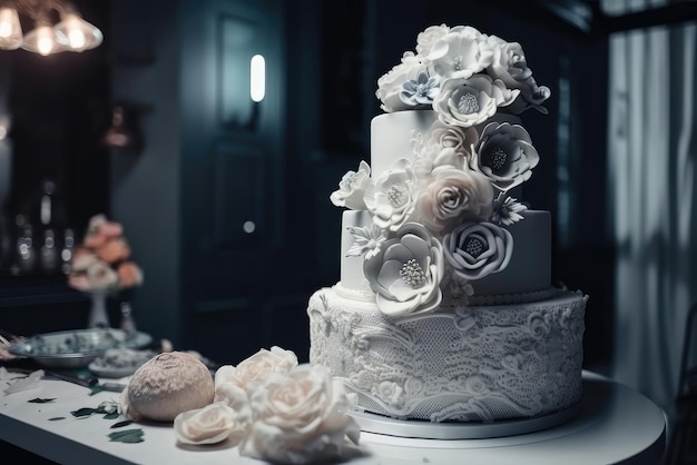 Foto una torta bianca con sopra dei fiori bianchi