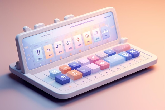 a white calculator with a blue and pink keypad.