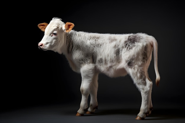 A white calf with black spots stands in front of a black background.