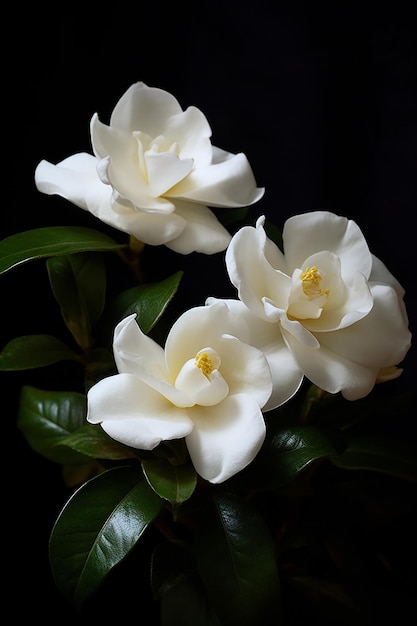 A white camellia plant with a yellow center.