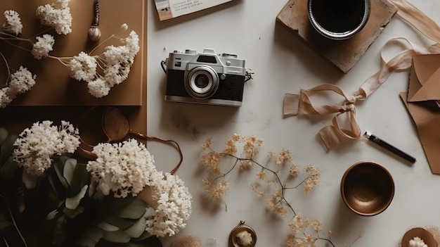 A white camera sits on a table with a box of flowers and a cup of coffee flat lay photography