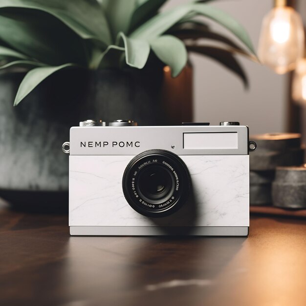 a white camera with a plant in the background