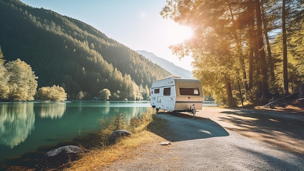 White camper beautiful lake and treesTravel motorhome family car camping truck summer holiday