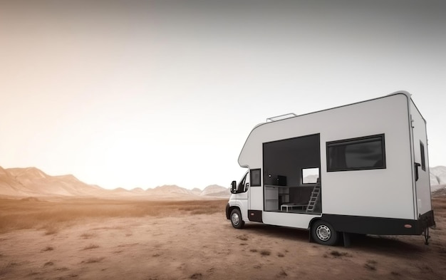 A white camper van in the desert with the word camper on the side.