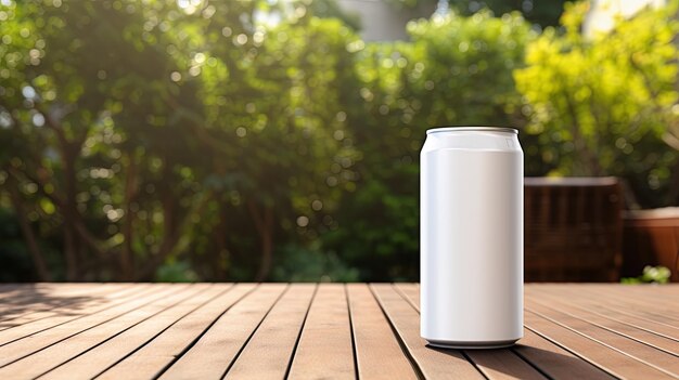 a white can of coffee on a wooden table