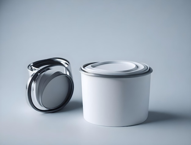A white can of food with a silver lid and a silver lid.
