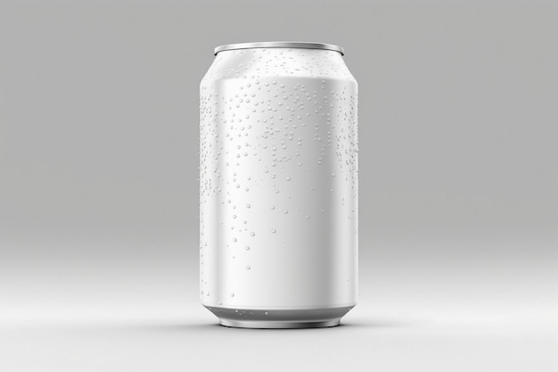 A white can of soda with water droplets on it.