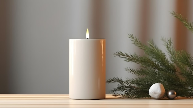 White candle on the table in a modern interior candle mockup for design