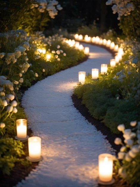 A white candlelit pathway in a garden