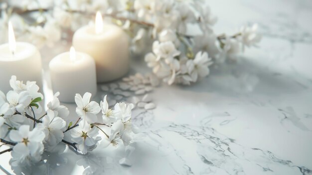 White candles and flowers on table