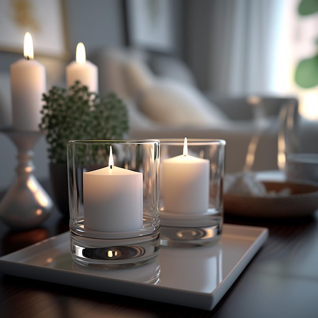 White candles in a home interior with a relaxing atmosphere