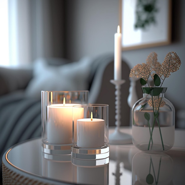 White candles in a home interior with a relaxing atmosphere