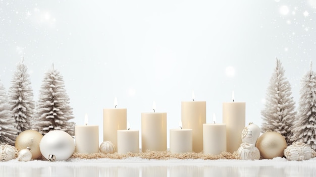 Photo white candles nestled among green fir branches accented with subtle christmas decorations elegant arrangement against a clean white background leaving plenty of room for adding your holiday message