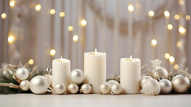 Photo white candles nestled among green fir branches accented with subtle christmas decorations elegant arrangement against a clean white background leaving plenty of room for adding your holiday message