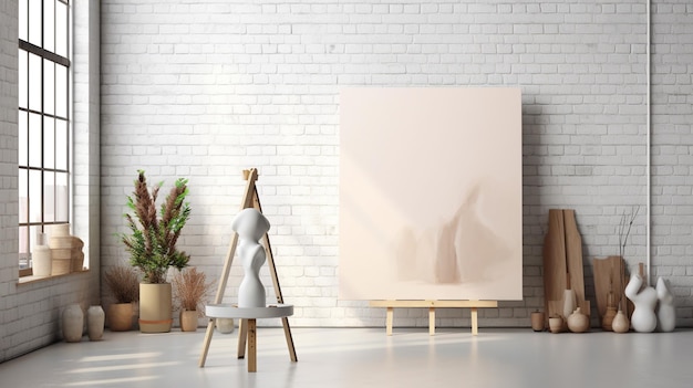Фото Белое полотно для макета с размытой кирпичной стеной интерьера комнаты, созданное с помощью генеративного ai