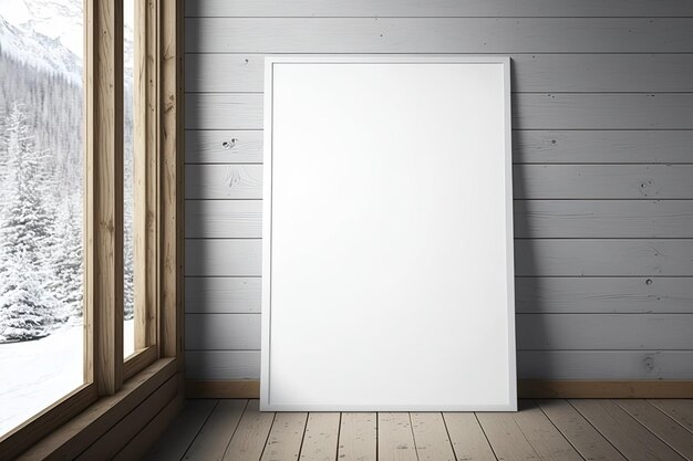 White canvas frame resting against wood wall and floor design mockup