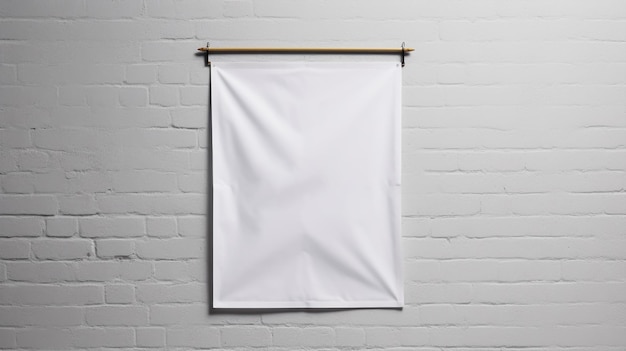 Foto tela bianca appesa a una corda su sfondo bianco muro di mattoni mock up