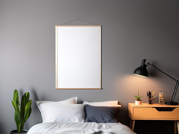 A white canvas hanging on a wall above a bed with a lamp on it.