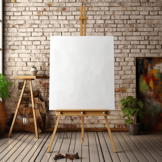 Photo white canvas for mockup in a minimalist interior room with a blurred brick wall in the background