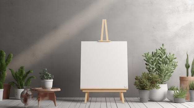 Photo white canvas for mockup with blurred brick wall room interior created with generative ai