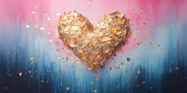 white canvas portrait of a heart in pink with gold sparkles in the style of light beige and azure