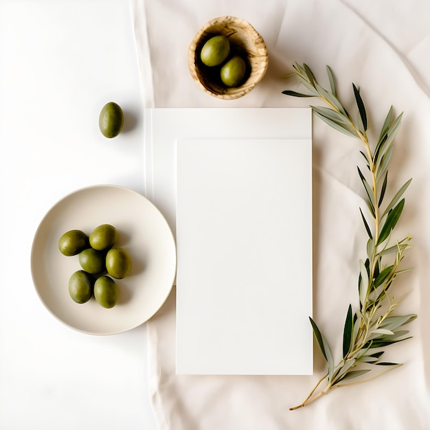 A white canvas sits on a cloth with olives on it.