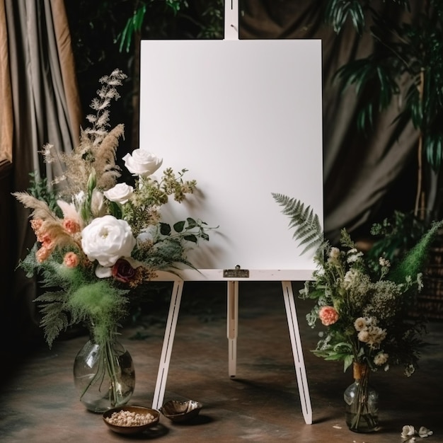 A white canvas sits on an easel with flowers on it.